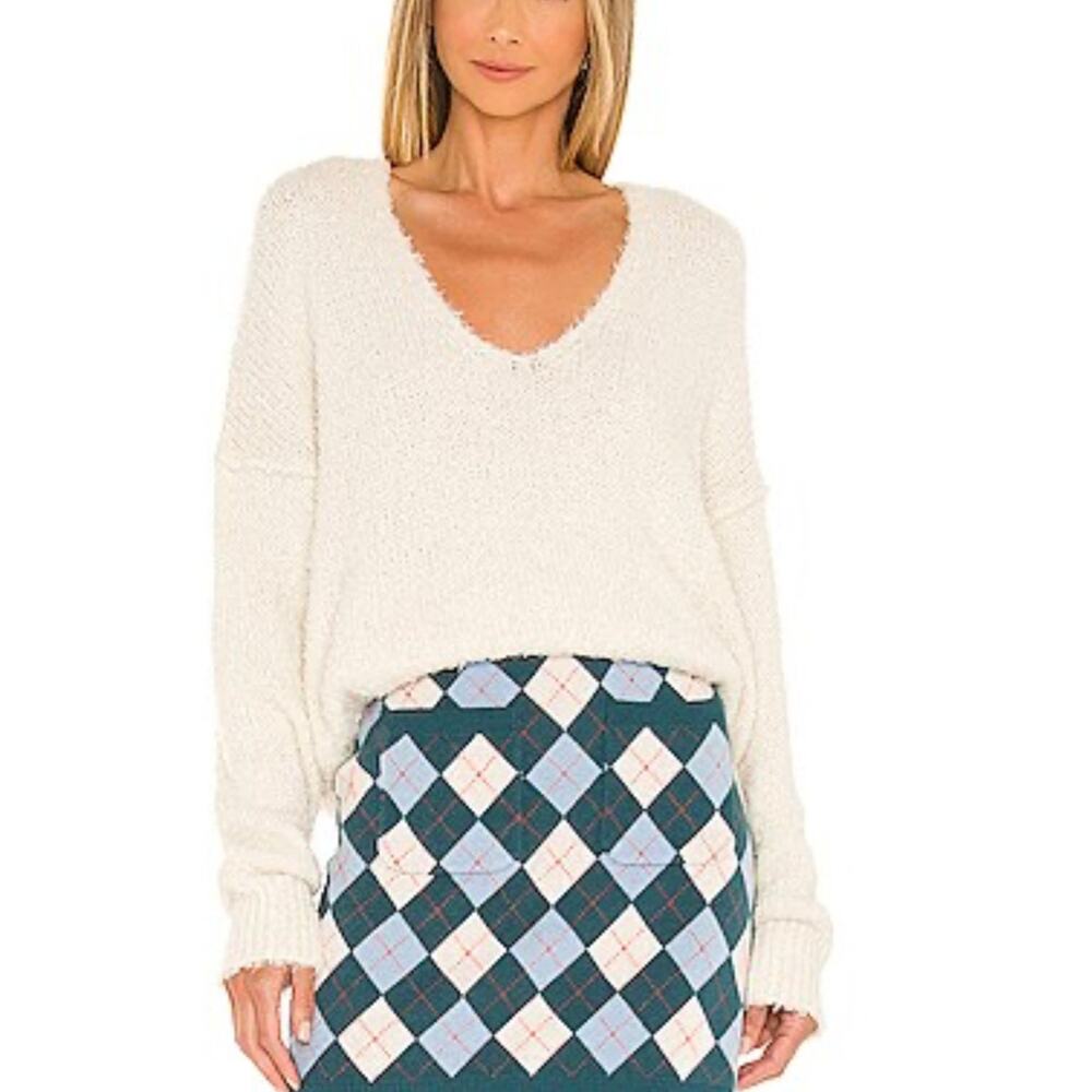 Free People Reverie V-Neck Sweater Vanilla White Shaggy Nubby Crop Knit M